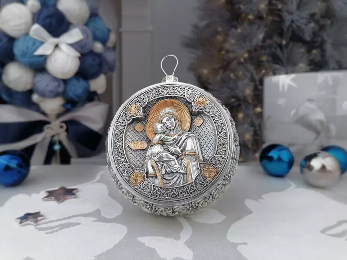 Set of 4 silver Christmas tree balls "Rozhdestvensky, Saviour, Our Lady of Kazan, Vladimirskaya"